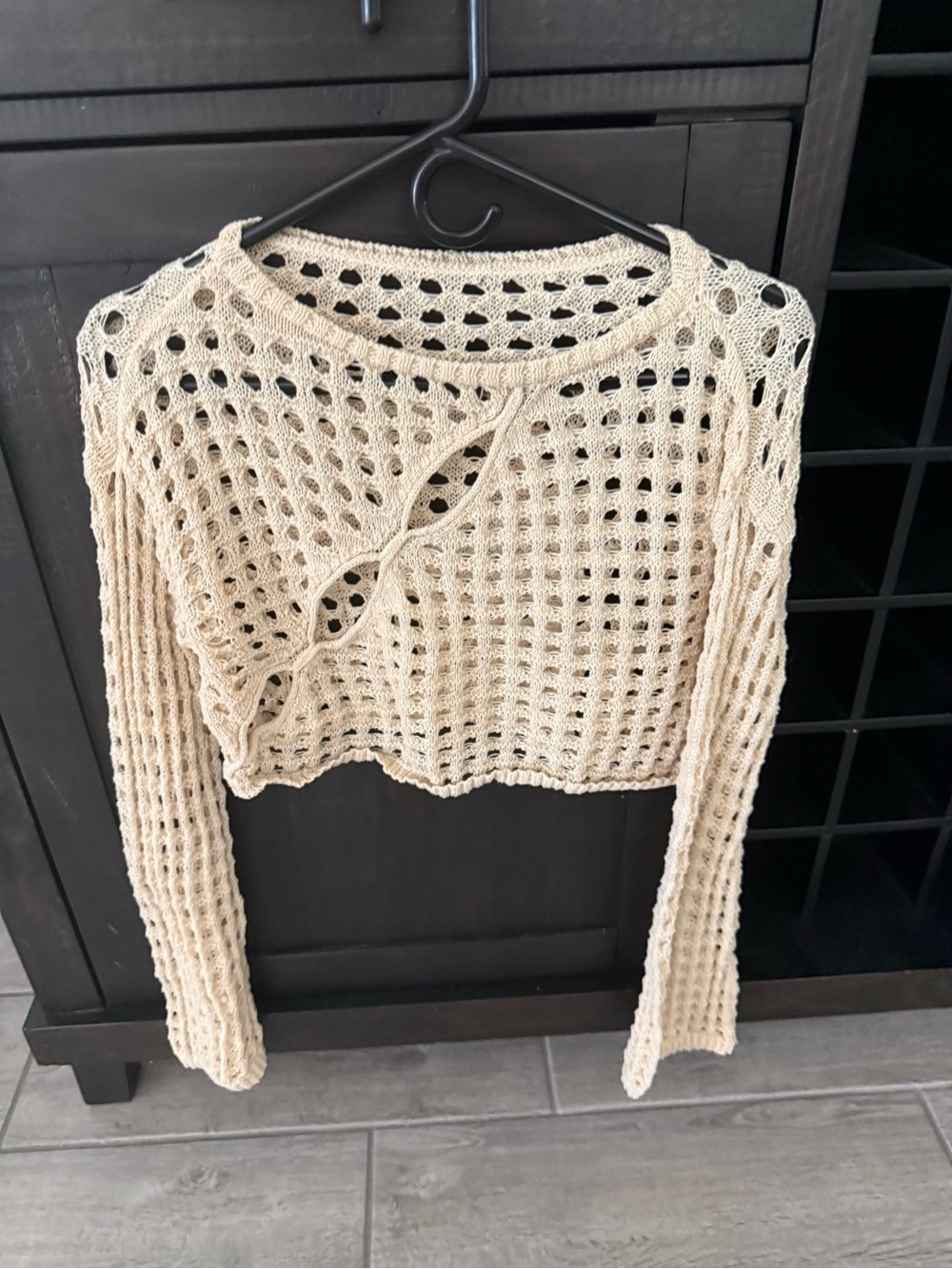 Cream Crochet Knit Cropped Sweater Boho Long Sleeve Flare Small Coastal